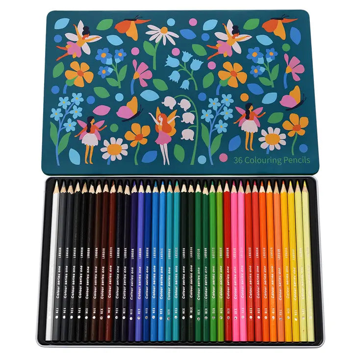 36 Colouring pencils in a tin - fairies in a garden