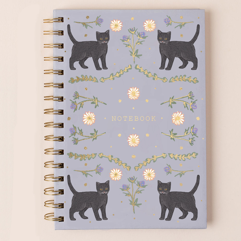 Black cat hardback ring-bound gold foiled lined A5 notebook