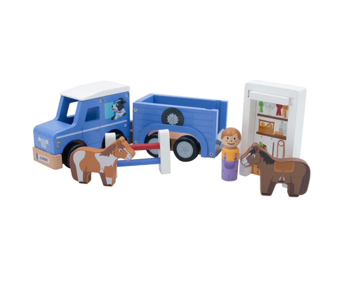 Jumini Wooden Jeep and Horse Trailer Playset - FSC Certified Farm Toy for Ages 18m+