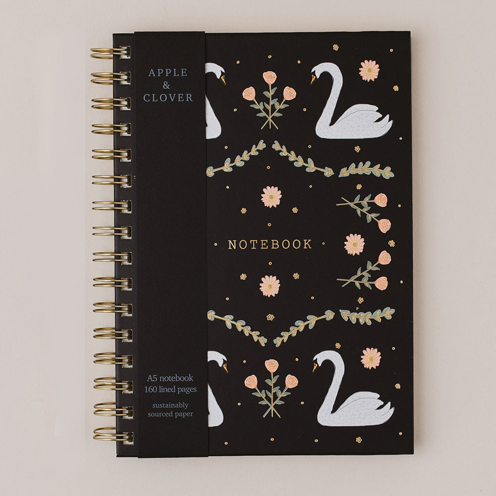 Hardback foiled black swan ring-bound lined A5 notebook