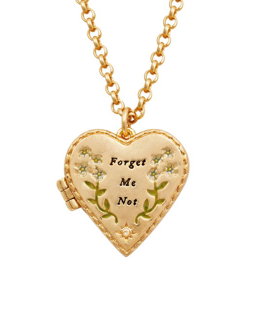 Gold Forget Me Not Heart Locket Necklace