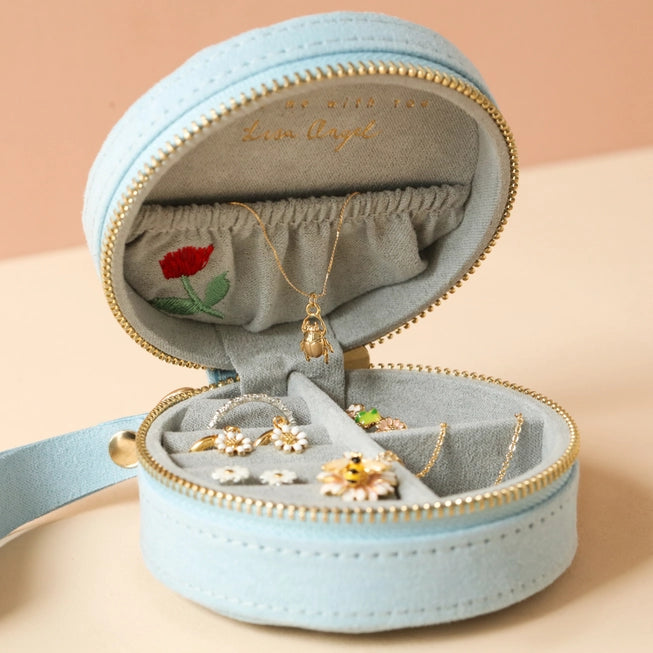 Embroidered Flowers Mini Round Velvet Jewellery Case