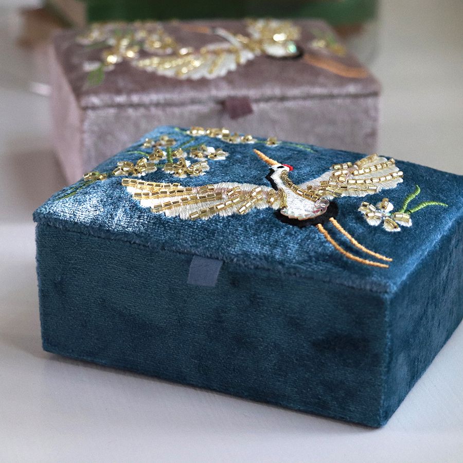 Blue Velvet Crane Jewellery Box