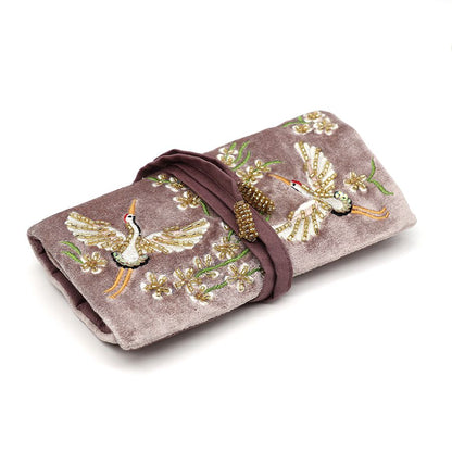 Pink Velvet Crane Jewellery Roll