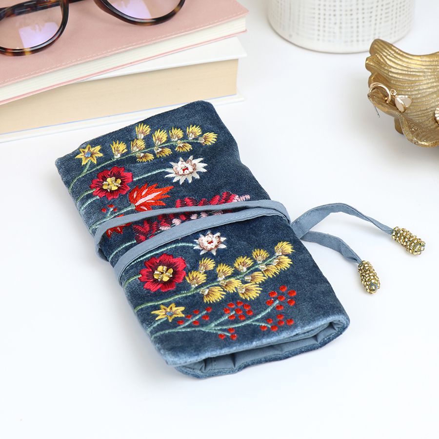 Blue Velvet Floral Jewellery Roll