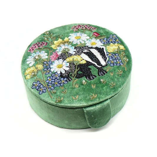 Green Floral & Badger Velvet Jewellery Box