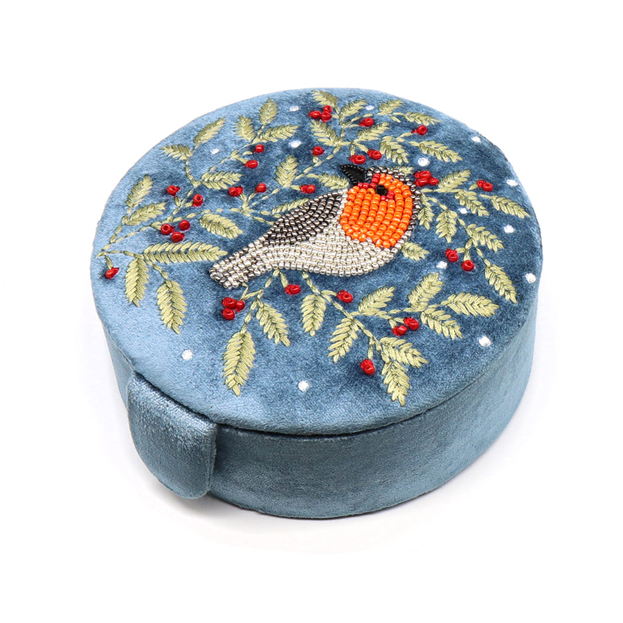 Blue Velvet Robin & Holly Jewellery Box