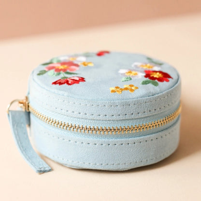 Embroidered Flowers Mini Round Velvet Jewellery Case