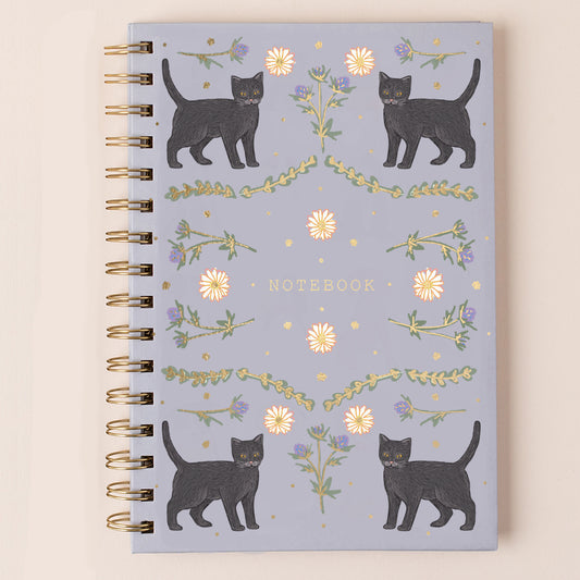 Black cat hardback ring-bound gold foiled lined A5 notebook