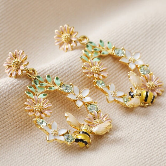 Pendientes colgantes de abeja esmaltada y flor de cristal