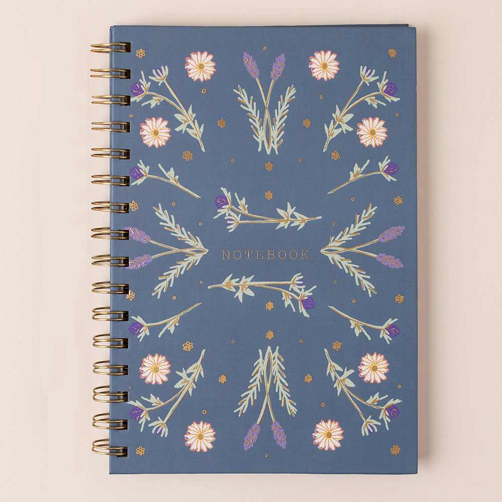 Floral blue hardback ring-bound lined A5 notebook