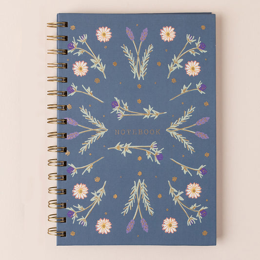 Floral blue hardback ring-bound lined A5 notebook
