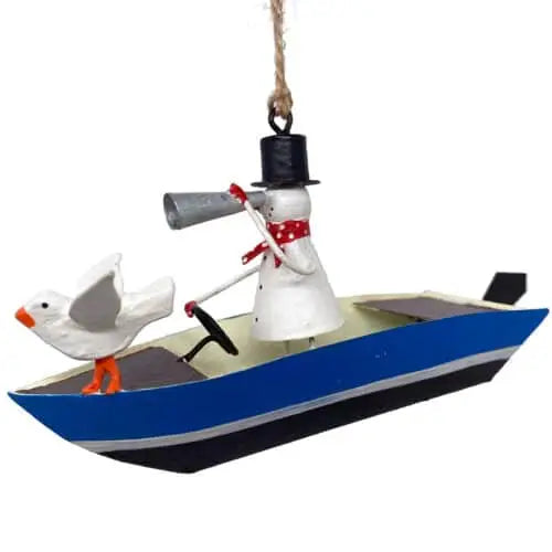 Snowman in Motorboat with Seagull Minds On Bow