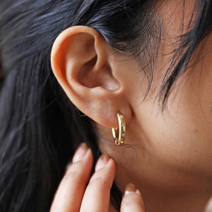 Gold Stainless Steel Chunky Crystal Hoop Earrings