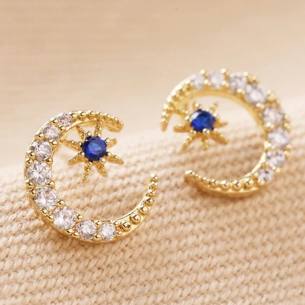 Clear and Blue Crystal Moon Stud Earrings