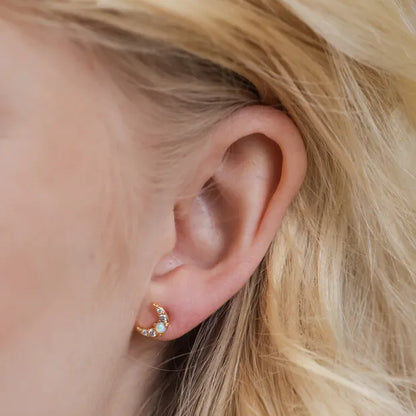 Crystal + Opal Crescent Moon Stud Earrings