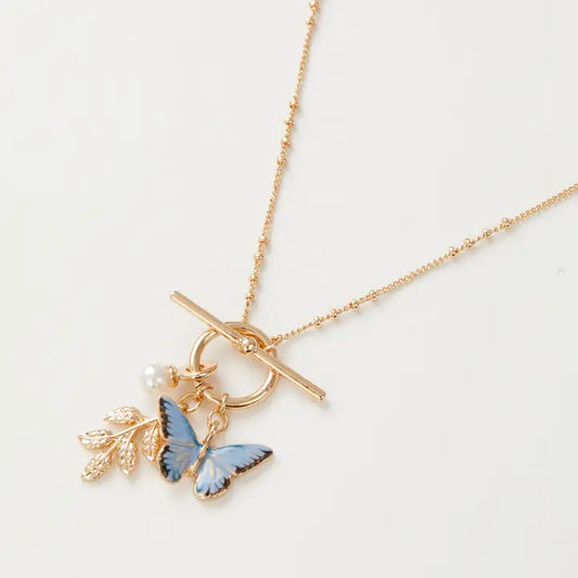 Enamel Butterfly & Leaf Charm Necklace