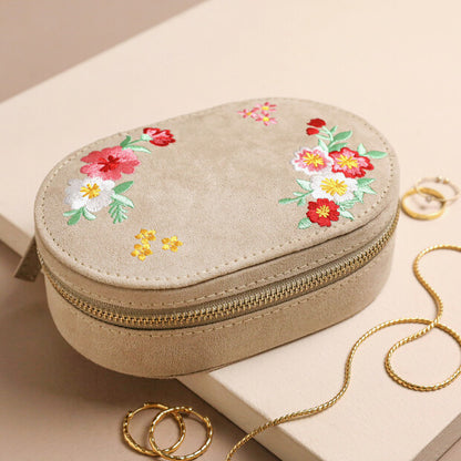 Embroidered Flowers Oval Jewellery Case