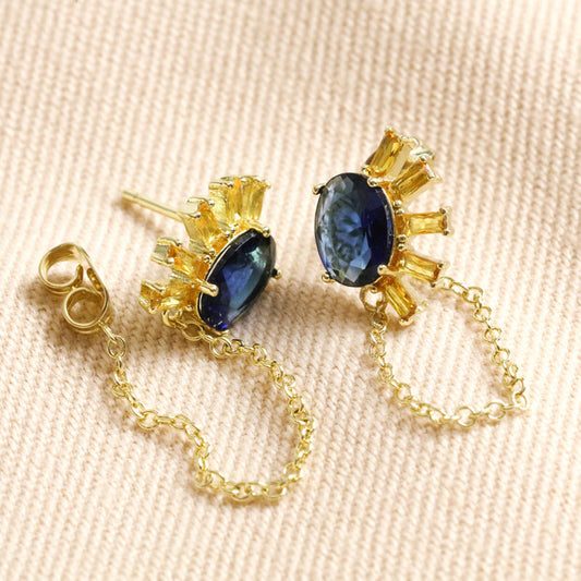 Blue Crystal Sunburst and Chain Stud Earrings
