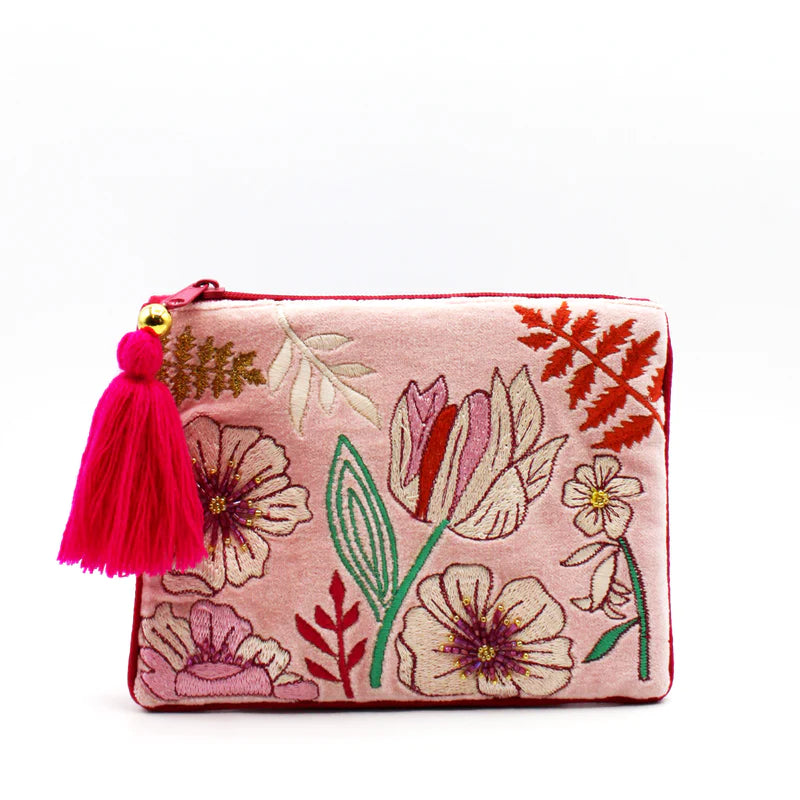 Velvet Embroidered Clutch Bag Blush Pink