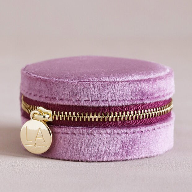 Mauve Pink Round Velvet Jewellery Case
