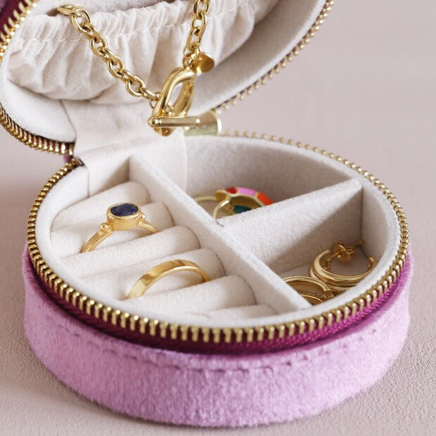Mauve Pink Round Velvet Jewellery Case