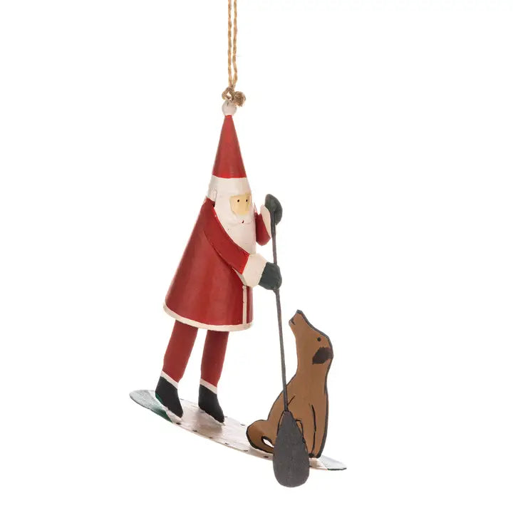 Santa and Dog Paddle Boarding Ornament