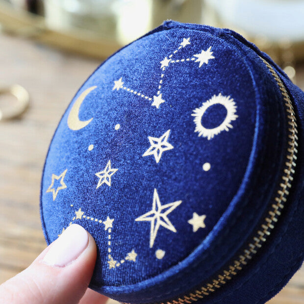 Starry Night Velvet Round Jewellery Case Navy