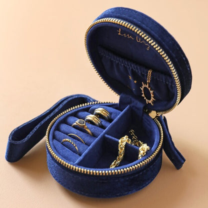 Starry Night Velvet Round Jewellery Case Navy