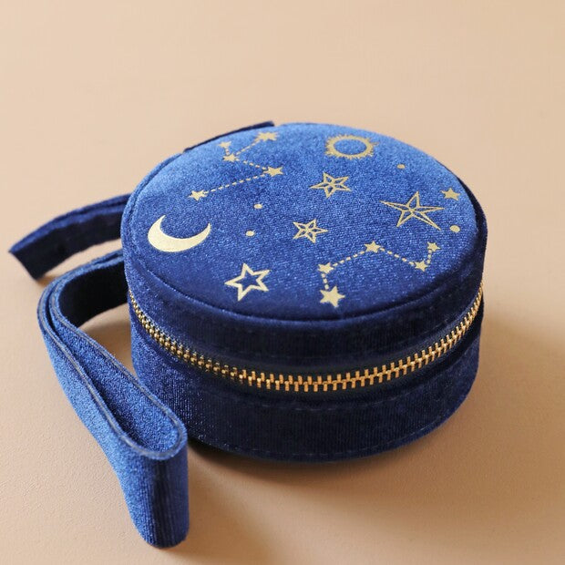 Starry Night Velvet Round Jewellery Case Navy