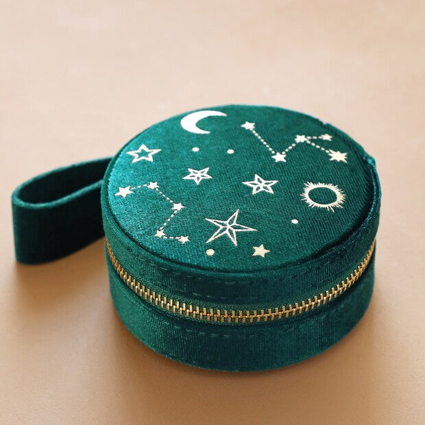 Starry Night Velvet Mini Round Teal Jewellery Case