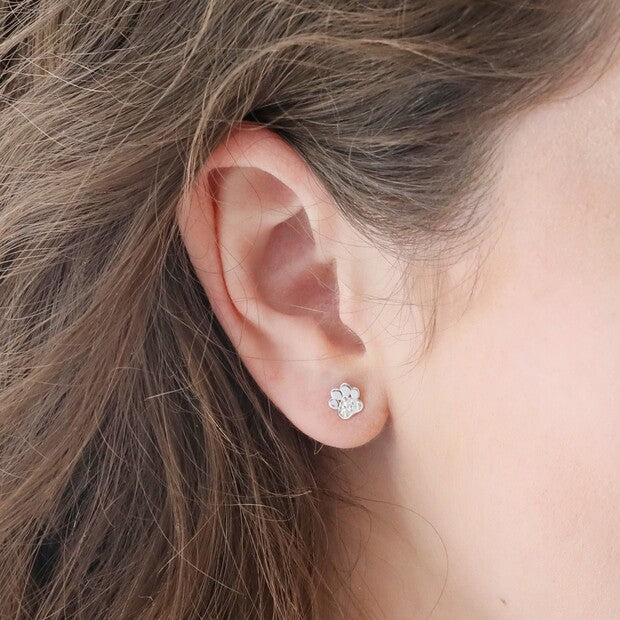Sterling Silver + Crystal Paw Stud Earrings