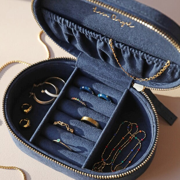 Navy Sun and Moon Embroidered Oval Jewellery Case